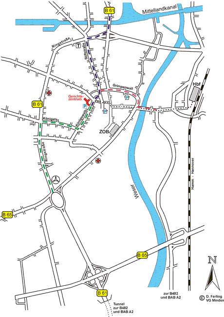 Skizze mit den Wegen zum Gerichtszentrum